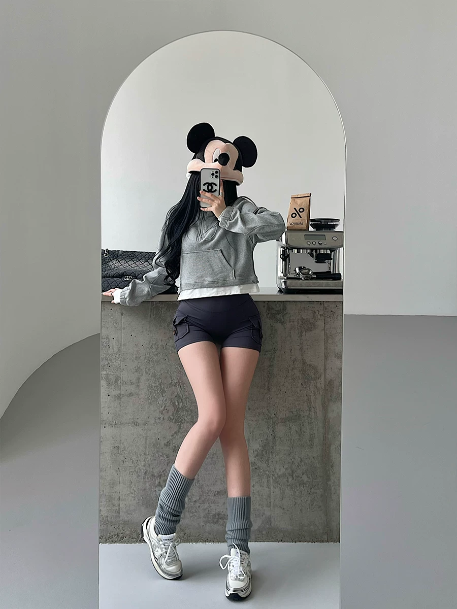 YoungGirlDay Áo nỉ thể thao ngắn tay dài tay phong cách Âu Mỹ có cổ đứng có khóa kéo chắp vá giả hai mảnh