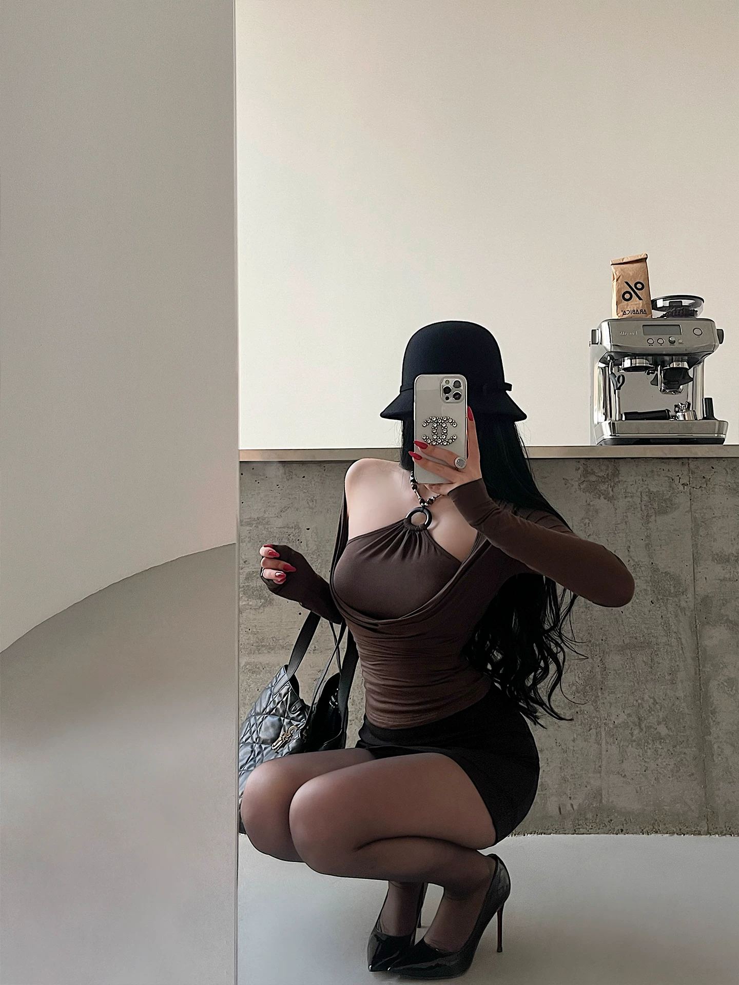 YoungGirlDay Pure Desire Style Gợi cảm Đường viền cổ áo giảm béo Eo Giả hai mảnh đính cườm Áo thun dài tay có dây buộc Top