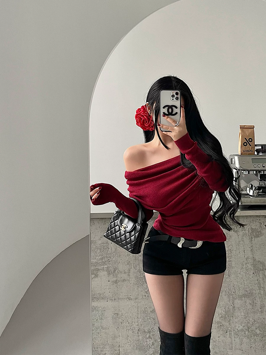 YoungGirlDay pure Desire sexy áo len một vai có thể gấp lại, áo len dệt kim dài tay vừa vặn vừa vặn