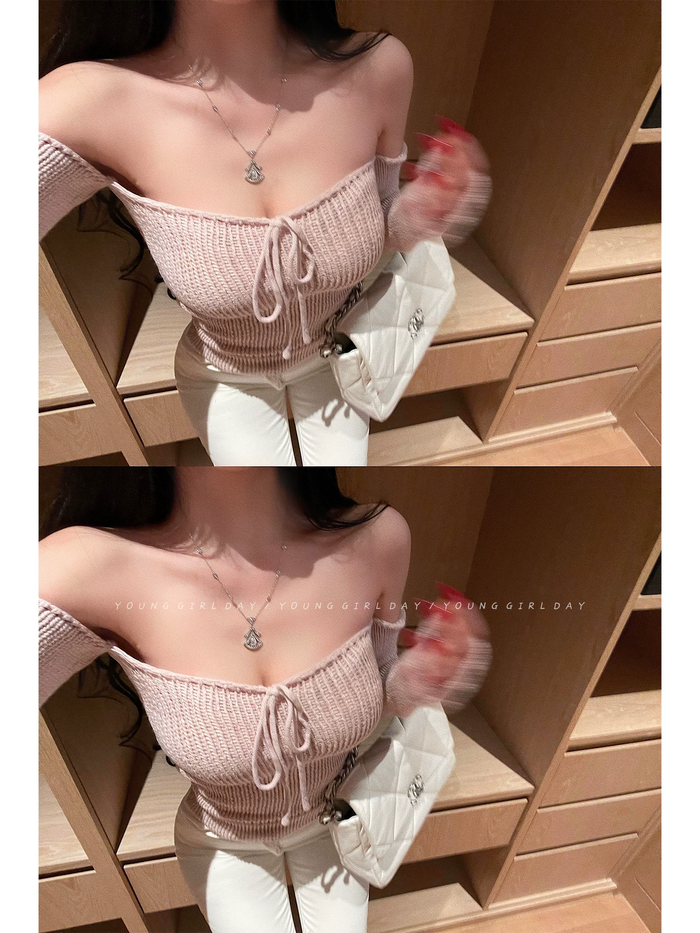 YoungGirlDay khao khát thuần khiết hot girl gợi cảm áo ống trễ vai có nơ thắt nơ áo dệt kim dài tay