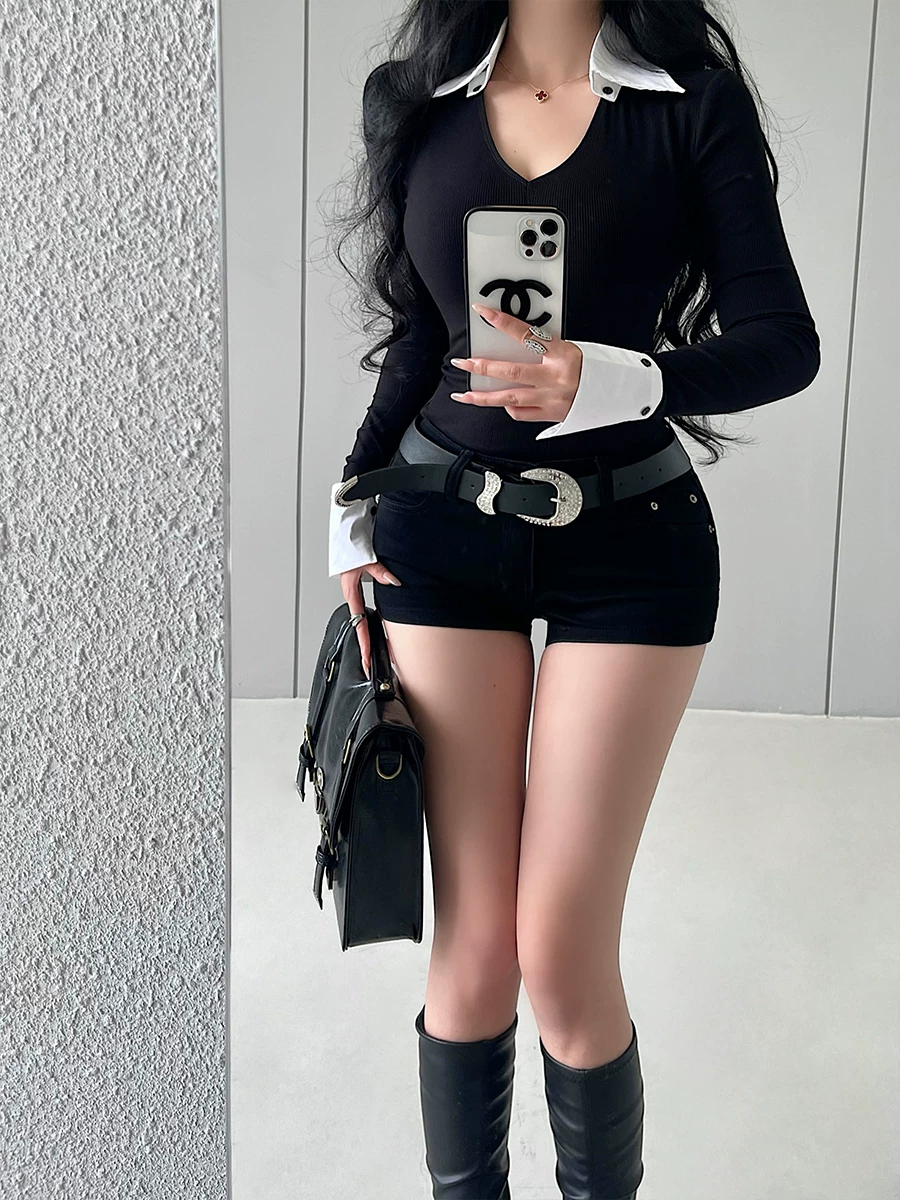 YoungGirlDay pure Desire Áo thun cổ chữ V ôm sát màu sắc phối màu có tay áo dài có thể tháo rời