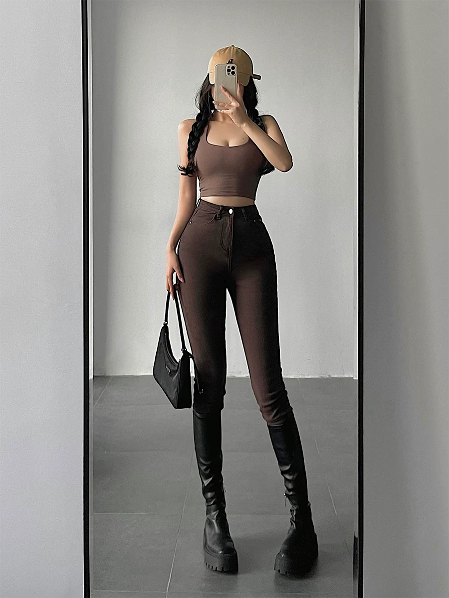 YoungGirlDay Quần jean skinny cạp cao phong cách Âu Mỹ, co giãn, nâng mông, màu trơn, đa năng, quần bút chì