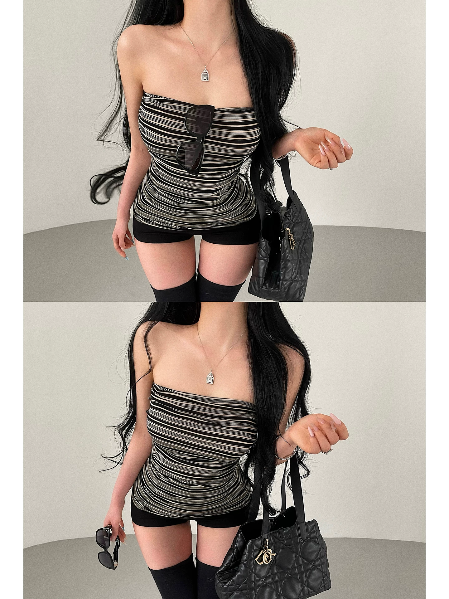 YoungGirlDay phong cách thuần khiết gợi cảm hot girl gợi cảm xếp nếp sọc sọc Lyocell áo ống bó sát eo thon gọn