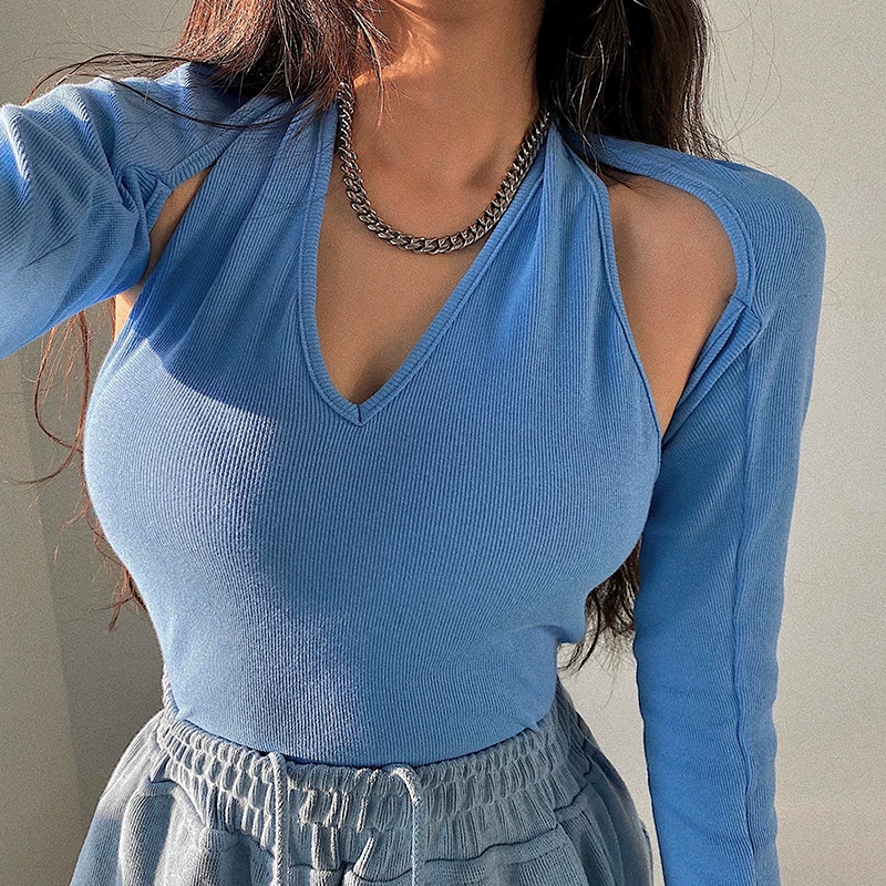 YoungGirlDay Bộ hai món áo crop top ngắn ôm sát gợi cảm phong cách Âu Mỹ, áo hai dây cổ yếm, áo khoác ngoài dài tay.