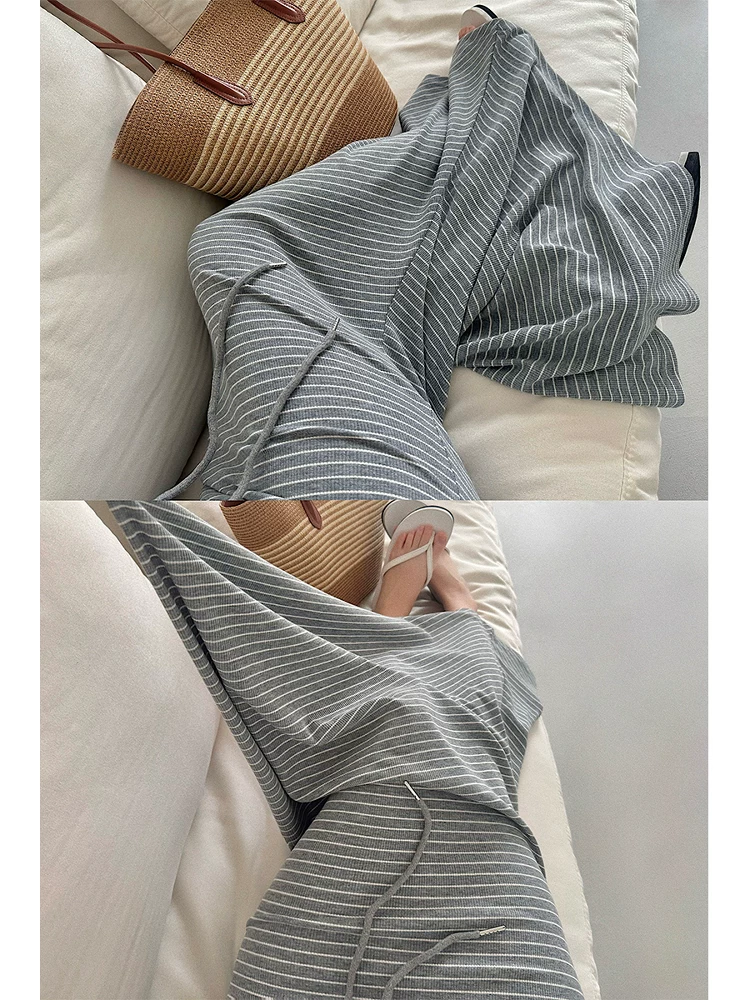 YoungGirlDay Phong cách truyện tranh Hàn Quốc thuần khiết khao khát phong cách lười biếng váy dài đuôi cá sọc cạp cao có dây rút co giãn ôm hông.