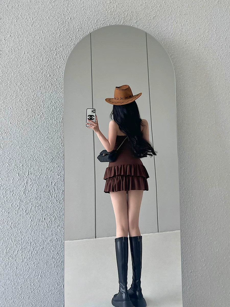 YoungGirlDay khao khát thuần khiết gợi cảm ôm sát eo xếp ly váy hai lớp váy ngắn váy ngắn