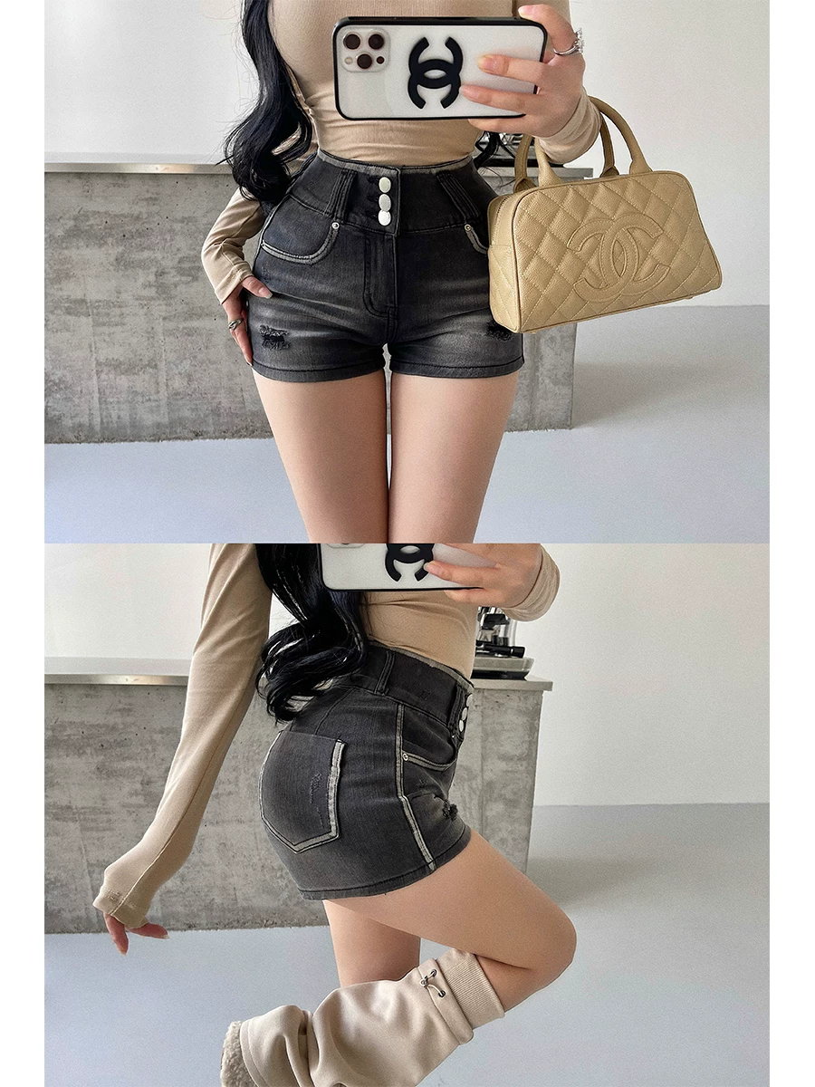 YoungGirlDay Quần short denim rách cạp cao ba nút nâng eo thời trang Hàn Quốc dành cho nữ.