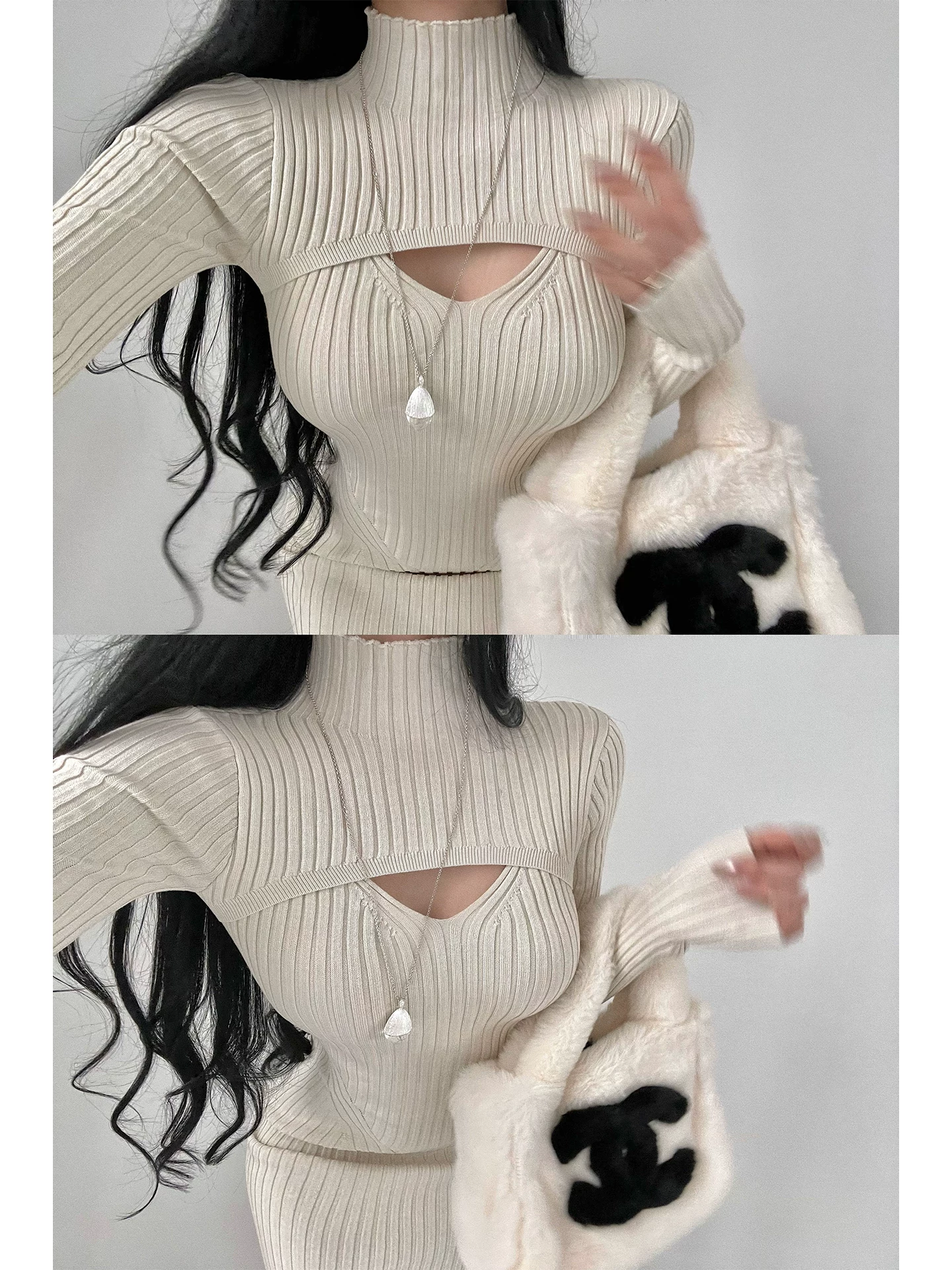 YoungGirlDay phong cách thuần khiết gợi cảm, váy dài tay dệt kim cổ cao khoét hở phía trước, váy dài vừa vặn.
