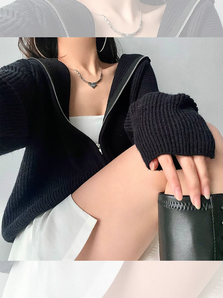 YoungGirlDay Phong cách đường phố châu Âu và Mỹ áo khoác len dệt kim có mũ trùm đầu dài tay có khóa kéo dáng rộng, áo khoác len thông thường