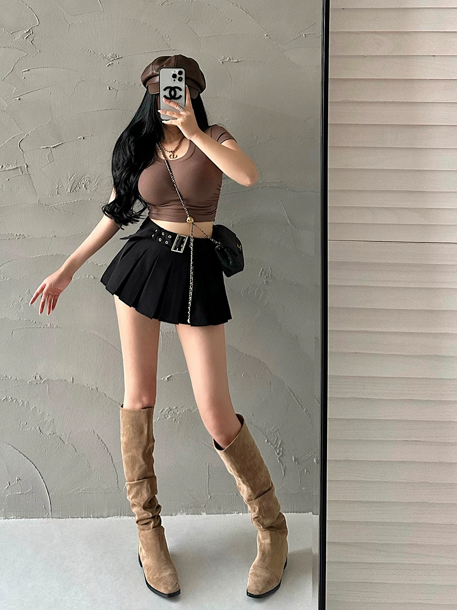 YoungGirlDay khao khát thuần khiết gợi cảm giảm tuổi tác đa năng chống lộ hàng quần short an toàn váy xếp ly váy ngắn có thắt lưng