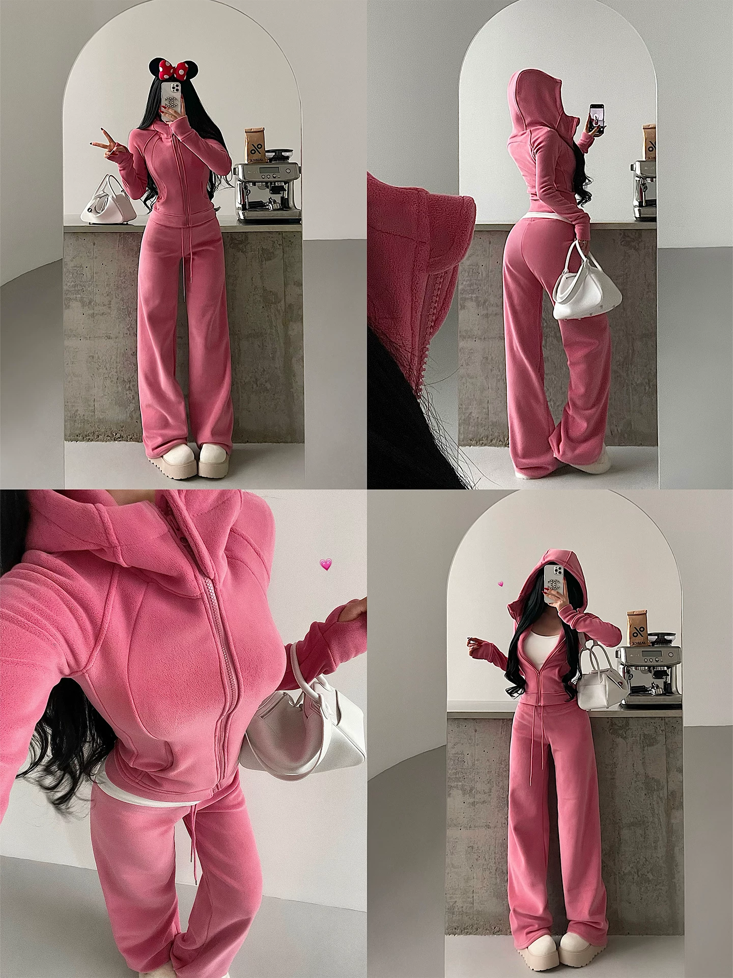 YoungGirlDay lông cừu ấm áp dày dặn có mũ trùm đầu có khóa kéo áo khoác cardigan quần dài đến sàn bộ quần dài