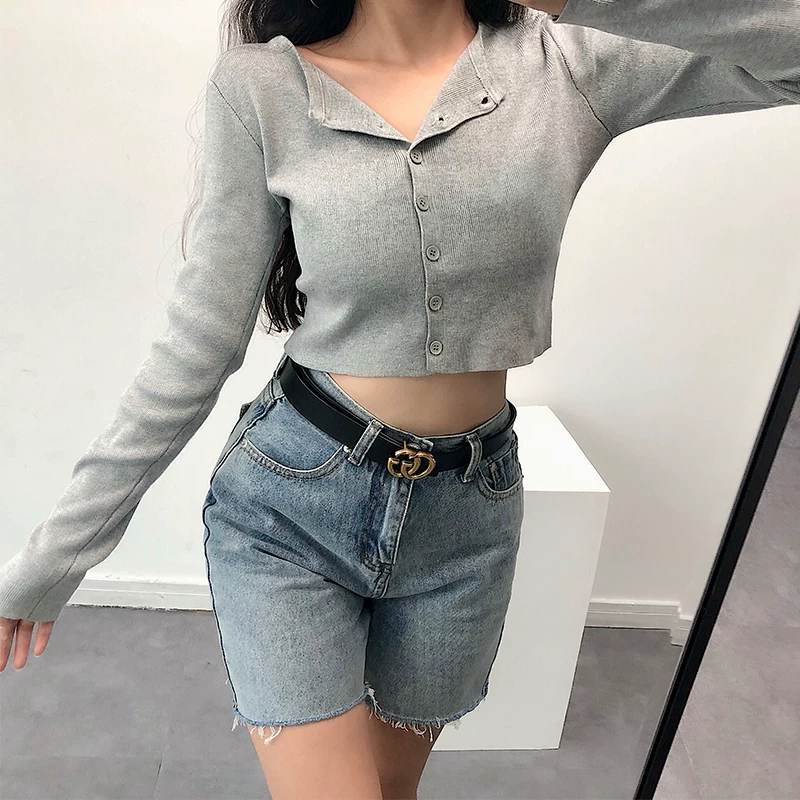 YoungGirlDay Kendall Jenner phong cách Âu Mỹ Áo cardigan dệt kim ngắn tay dài vừa vặn kiểu Âu Mỹ
