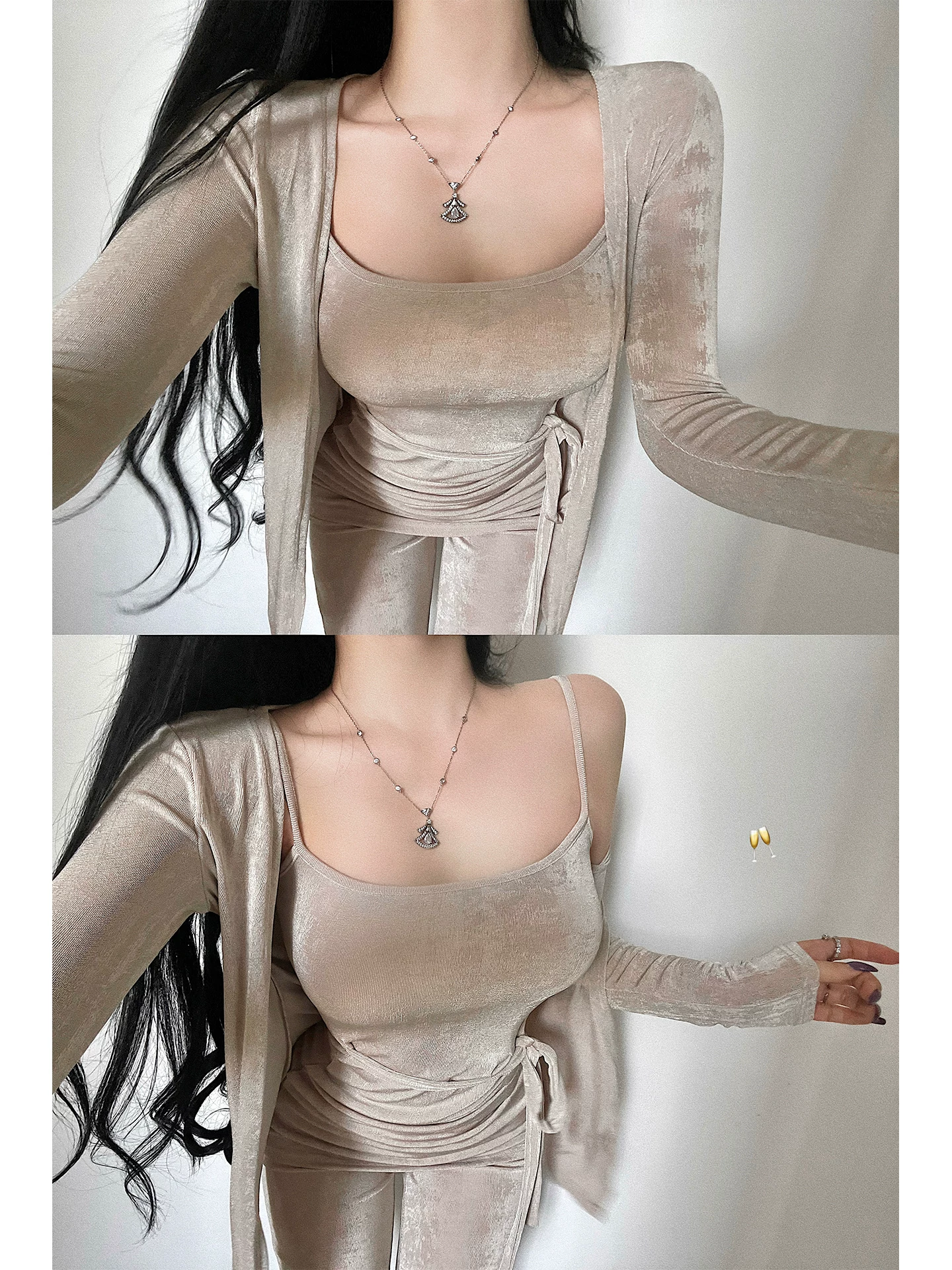 Bộ đồ nữ phong cách trưởng thành, gợi cảm, gồm áo camisole ren buộc dây, áo cardigan tay dài, quần dài cạp cao.