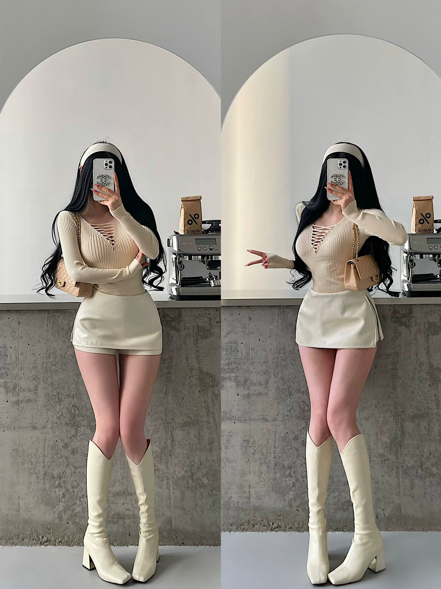 YoungGirlDay khao khát thuần khiết hot girl gợi cảm eo thấp có khóa kéo xẻ tà chống lộ hông ôm sát quần váy ngắn bằng da PU