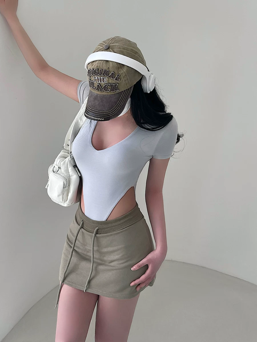 YoungGirlDay Áo thun bodysuit cổ chữ V co giãn, ôm sát, tay ngắn, màu trơn gợi cảm