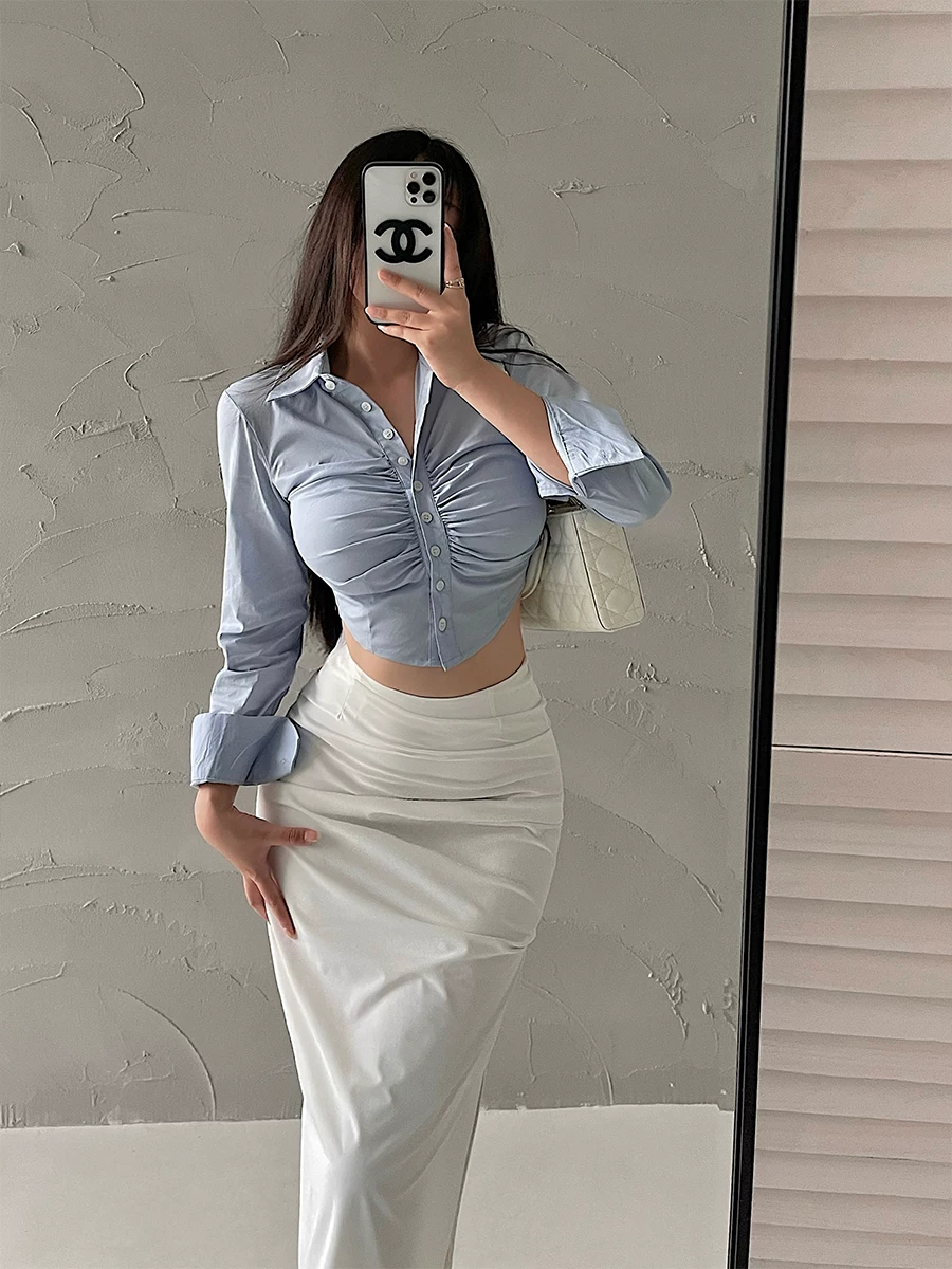 Áo sơ mi nữ YoungGirlDay kiểu dáng đơn giản, gợi cảm, xếp ly, eo thon, tay dài, cổ áo ngắn, chất liệu mềm mại.