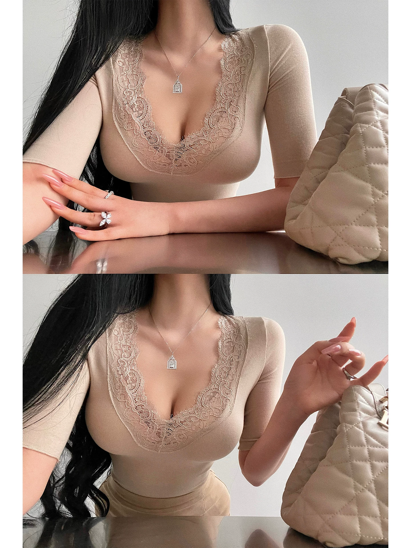 YoungGirlDay pure Desire vibe gợi cảm cổ chữ V phối ren kiểu dáng ôm vừa vặn tay áo vừa vặn Áo thun cơ bản