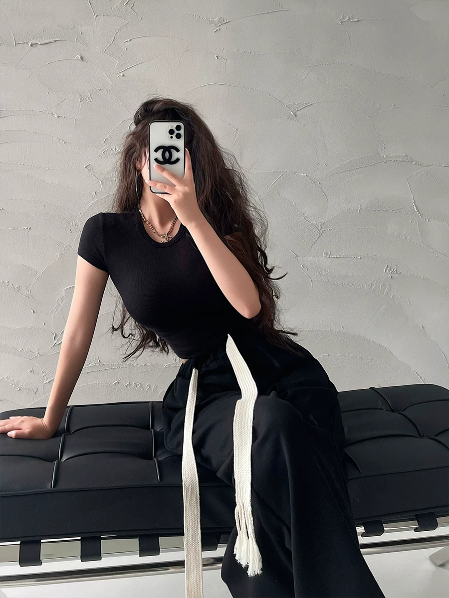 YoungGirlDay Áo thun ngắn tay màu trơn kiểu Âu Mỹ cơ bản gợi cảm cổ tròn ôm vừa vặn co giãn màu trơn