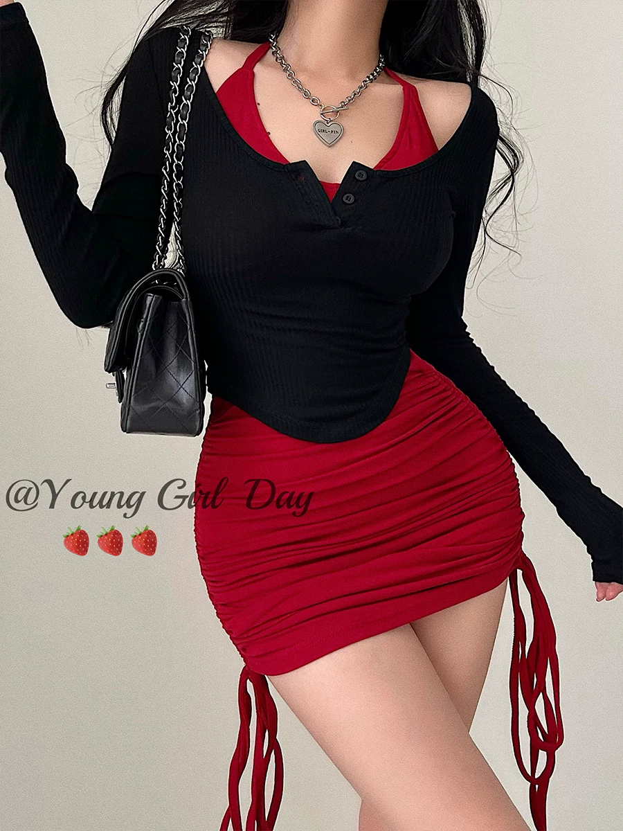 YoungGirlDay Pure Desire Áo thun dài tay gợi cảm có dây rút xếp nếp cổ Halter Bộ váy ôm sát có miếng đệm ngực.