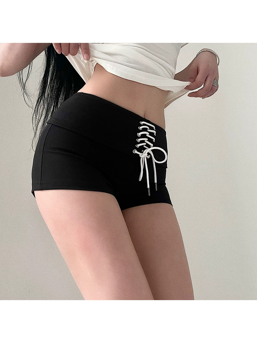 YoungGirlDay Quần short thể thao cạp thấp gợi cảm kiểu Mỹ, ôm sát, có dây buộc chéo, quần short thể thao thông thường