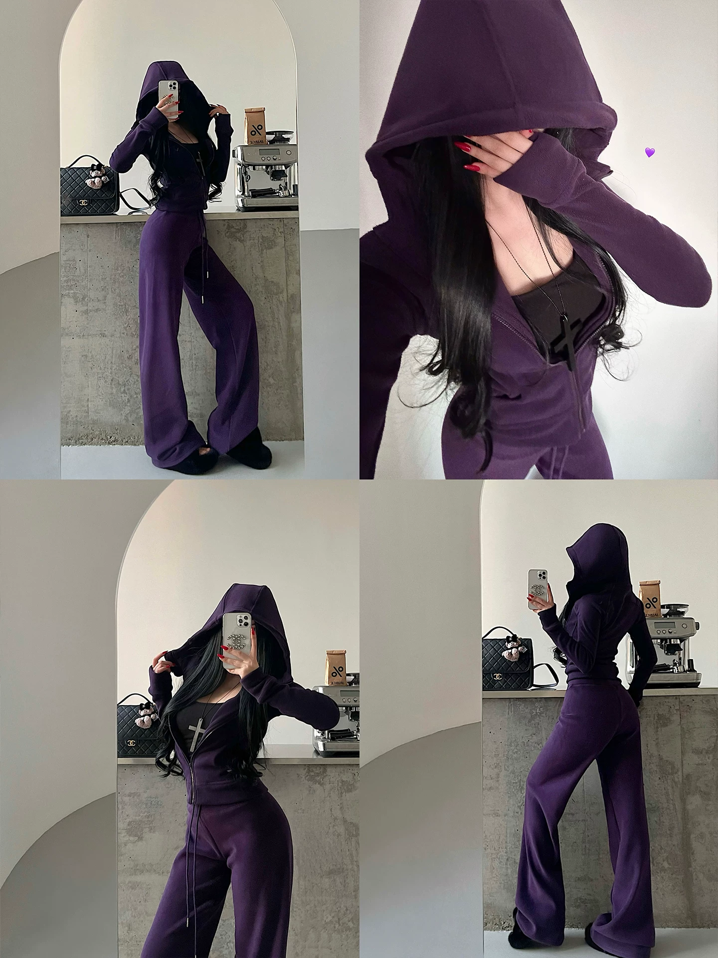 YoungGirlDay lông cừu ấm áp dày dặn có mũ trùm đầu có khóa kéo áo khoác cardigan quần dài đến sàn bộ quần dài