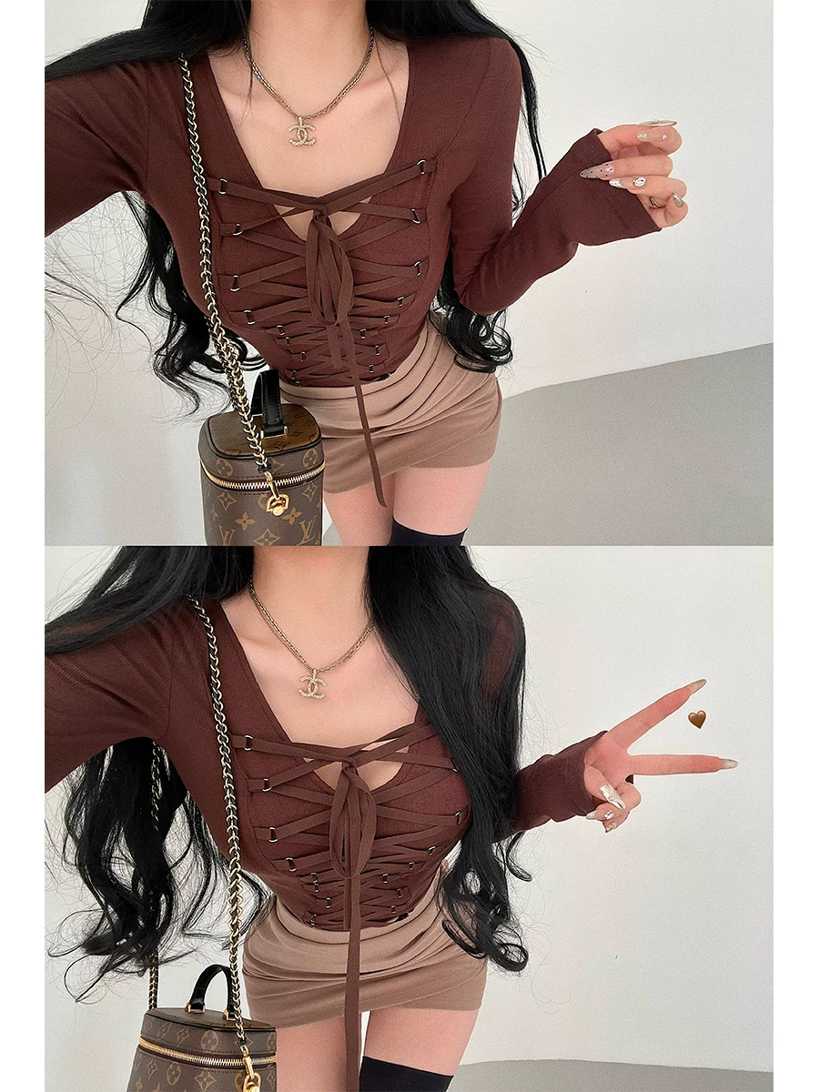 YoungGirlDay khao khát thuần khiết hot girl gợi cảm bó sát thắt eo thắt eo áo thun dài tay bó sát cơ thể