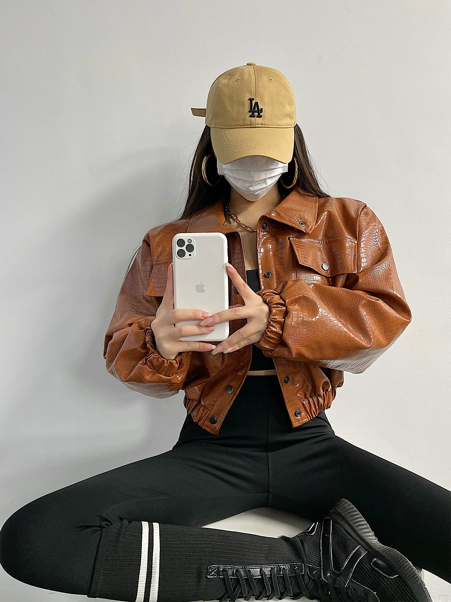Áo khoác da PU ngắn phong cách đường phố Âu Mỹ YoungGirlDay, dáng rộng, áo khoác biker may chần bông thời thượng dành cho nữ.