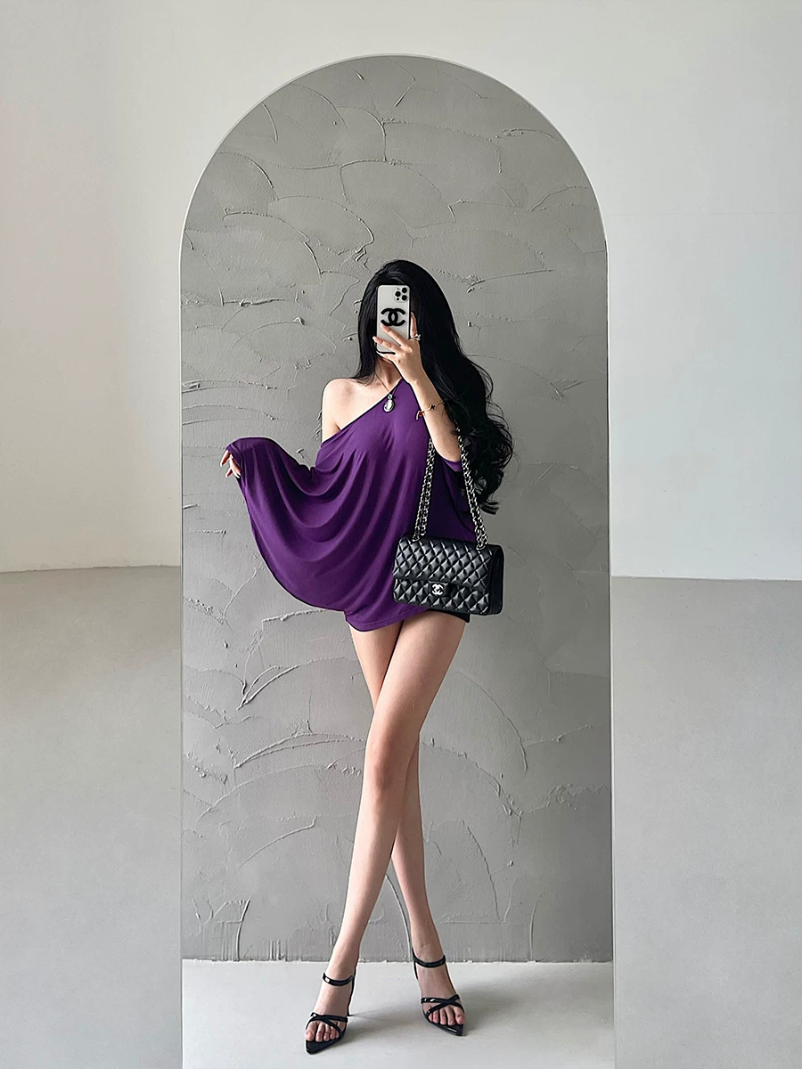 YoungGirlDay Pure Desire Không khí thư thái Gợi cảm lệch vai Tay áo cánh dơi Áo thun chống nắng mỏng rộng rãi hàng đầu