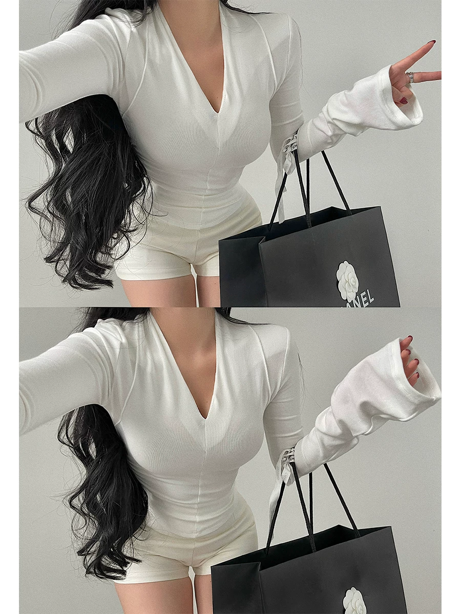 YoungGirlDay khao khát thuần khiết gợi cảm cổ chữ V ôm sát eo, áo sơ mi cơ bản có tay áo dài loe, áo thun dài tay