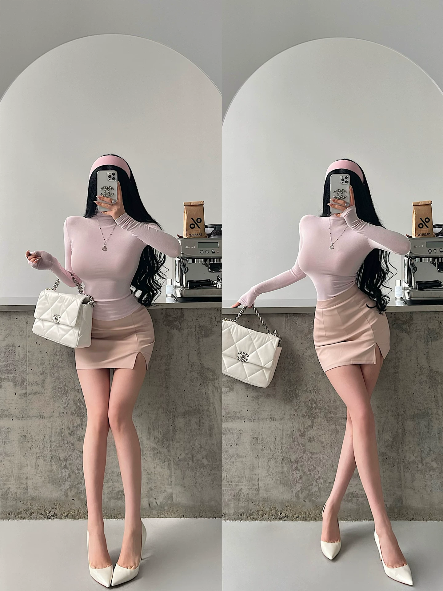 YoungGirlDay váy ngắn bằng da PU xẻ tà chống lộ, cạp cao, tôn dáng hông, gợi cảm và quyến rũ.