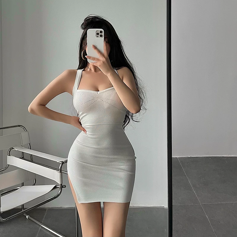 YoungGirlDay Váy ngắn dệt kim xẻ tà kiểu Âu Mỹ gợi cảm, ôm sát, xẻ lưng, váy ngắn