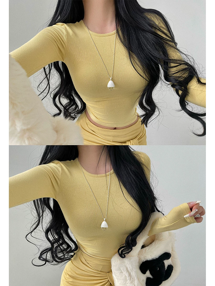 Áo thun cơ bản cổ tròn kiểu dáng ôm sát màu trơn co giãn dài tay của YoungGirlDay Kardashian