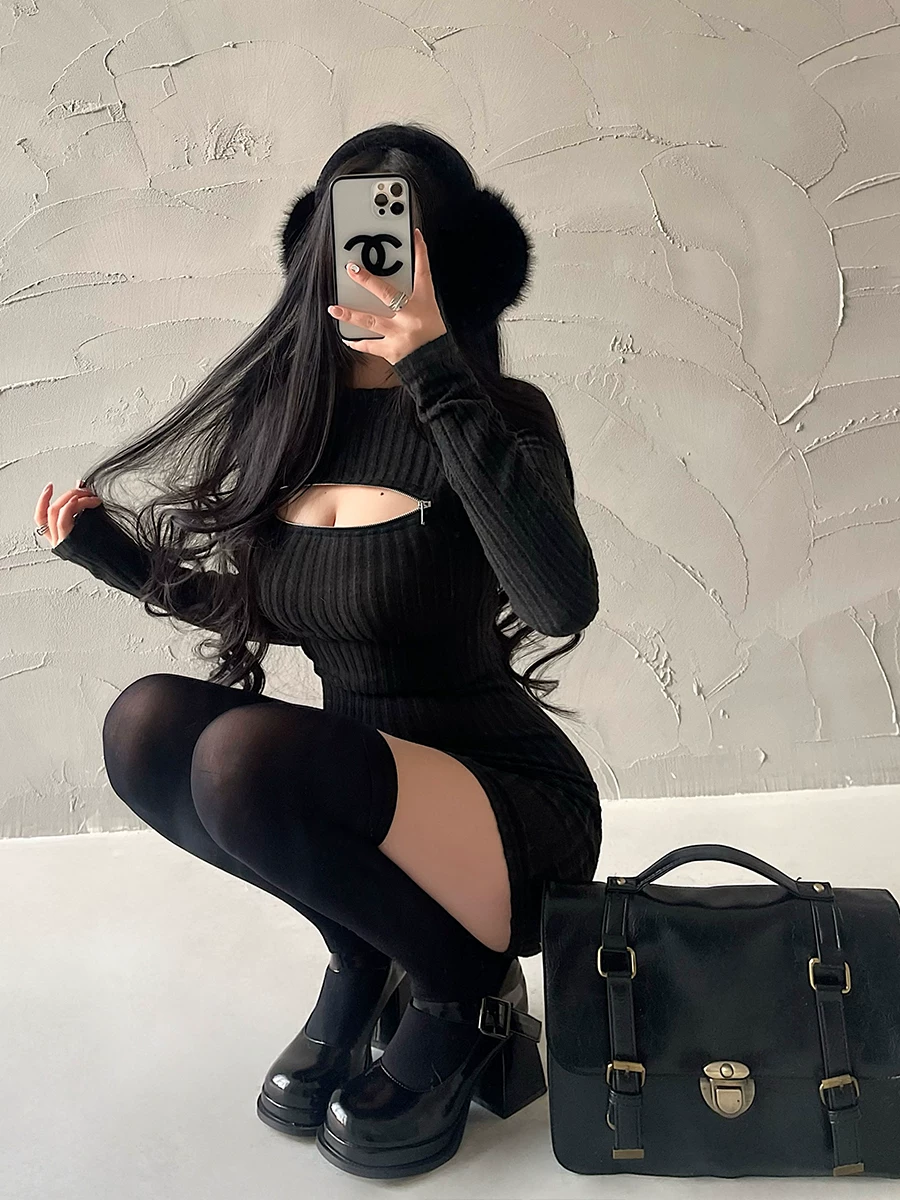 YoungGirlDay phong cách thuần khiết gợi cảm, có khóa kéo, ôm sát, váy dệt kim dài tay, váy ngắn ôm sát cơ thể