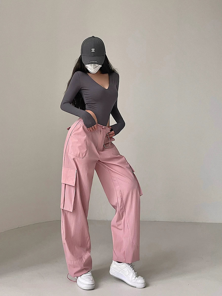 YoungGirlDay Quần jogger dây rút dáng rộng phong cách đường phố kiểu Mỹ có túi lớn quần ống rộng thông thường quần dài