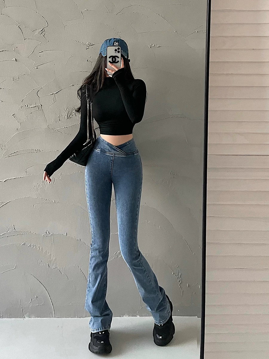 YoungGirlDay Quần jean ống loe dài kiểu Âu Mỹ phong cách châu Âu và Mỹ, cạp cao, ôm sát, đa năng, tôn dáng chân dài