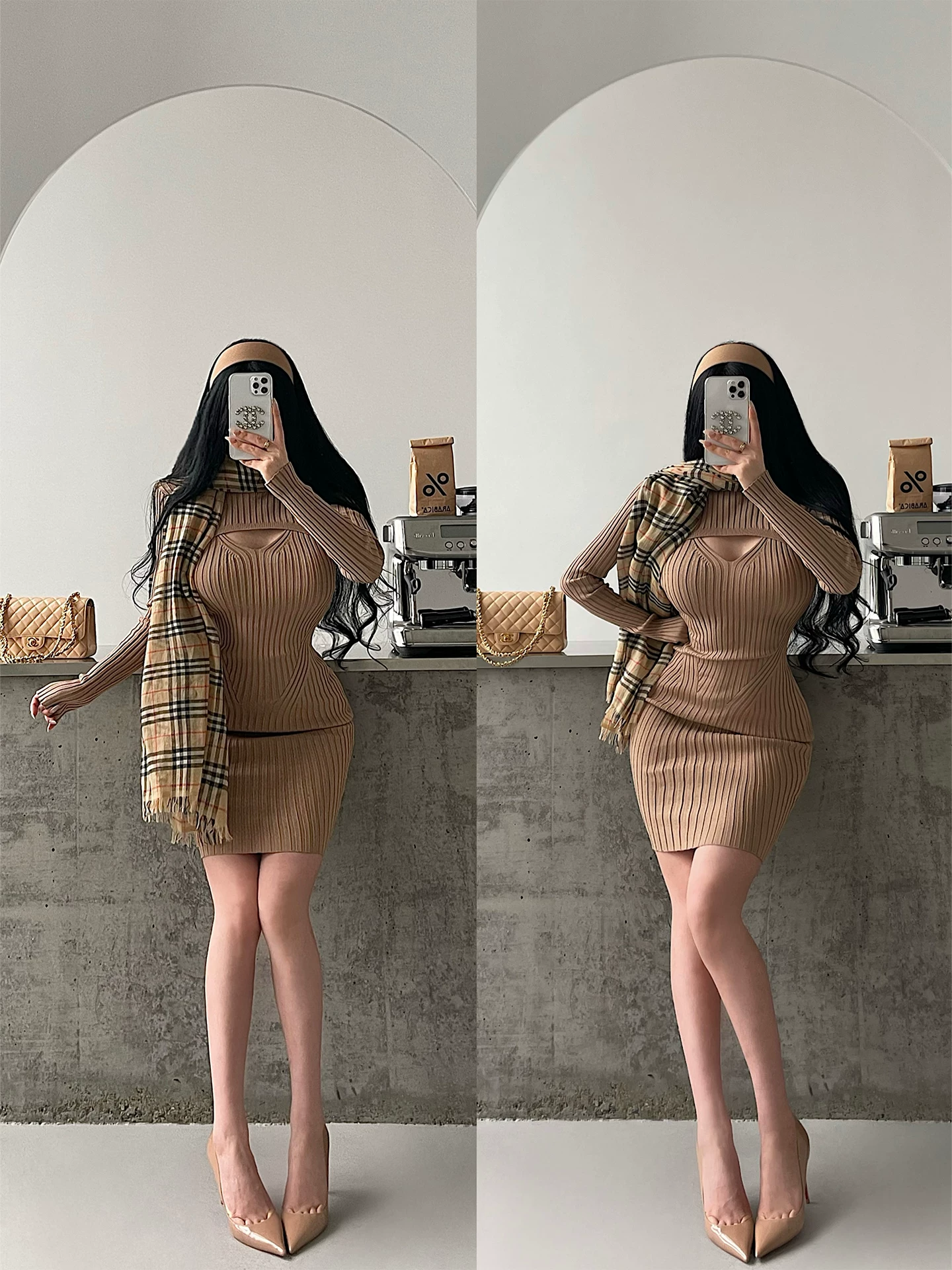YoungGirlDay phong cách thuần khiết gợi cảm, váy dài tay dệt kim cổ cao khoét hở phía trước, váy dài vừa vặn.