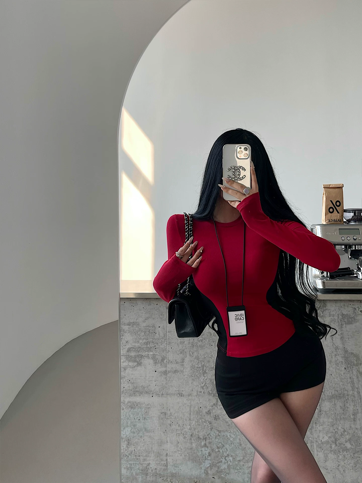 YoungGirlDay Áo thun nữ tay dài cổ tròn phối màu kiểu Mỹ kiểu Mỹ eo thon eo thon kiểu Mỹ