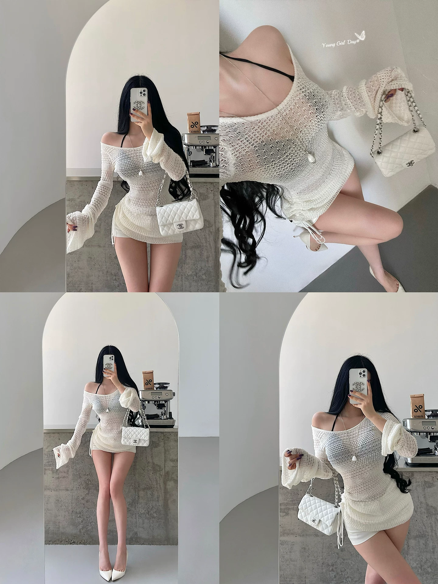 YoungGirlDay khao khát thuần khiết phong cách lười biếng dáng rộng có dây rút xếp ly tay áo chuông dệt kim khoét lỗ che phủ phần trên