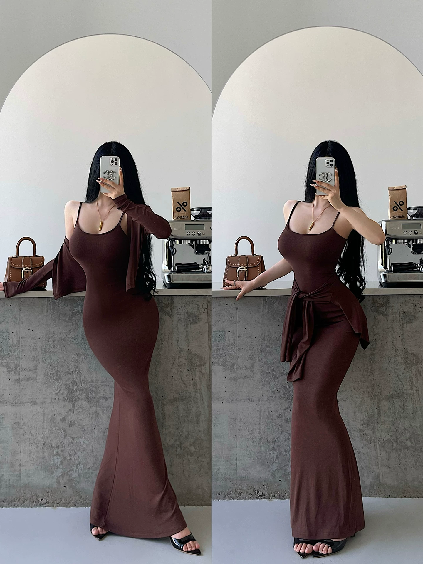 YoungGirlDay Kardashian váy dây đeo hông gợi cảm ôm sát hông, váy dài đến sàn, bộ đồ cardigan dài tay