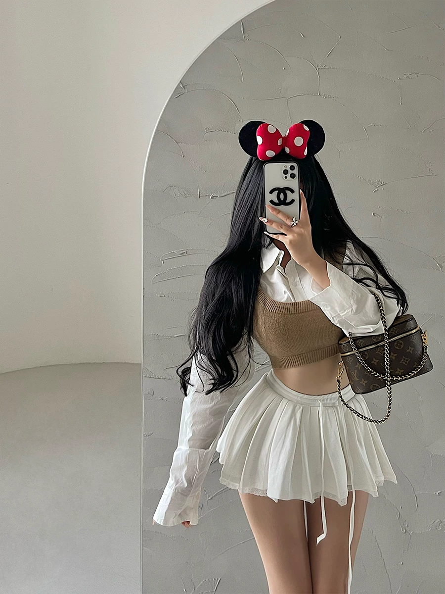 YoungGirlDay phong cách đại học giảm tuổi tác, áo sơ mi dài tay có cổ, bộ áo vest dệt kim ngắn tay ngắn