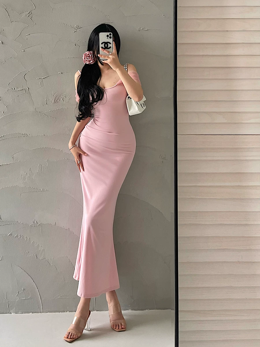 YoungGirlDay phong cách thuần khiết gợi cảm ôm sát cơ thể co giãn váy dài phối lưới có dây đeo spaghetti