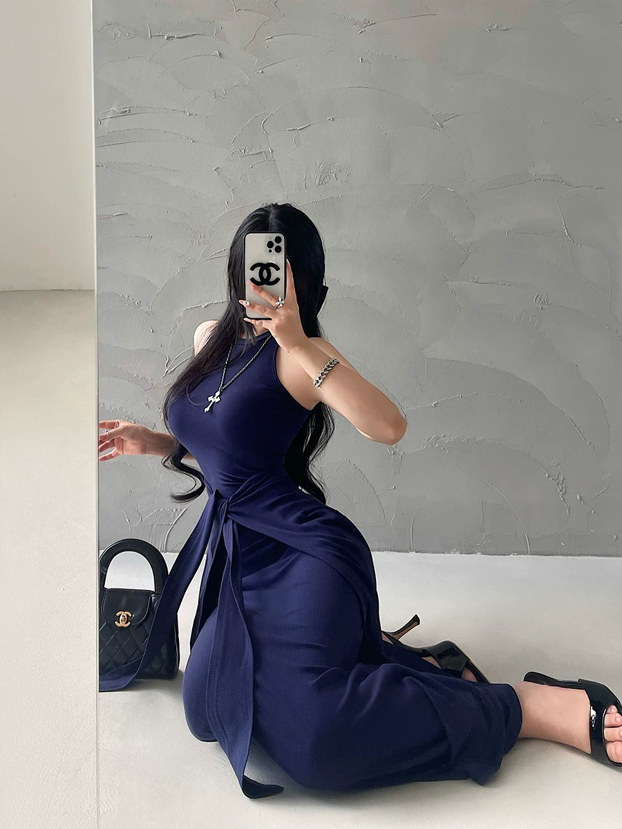 YoungGirlDay Pure Desire Style Váy hai mảnh giả hai mảnh có dây buộc eo không tay Bodycon Tank Dress Áo dài.