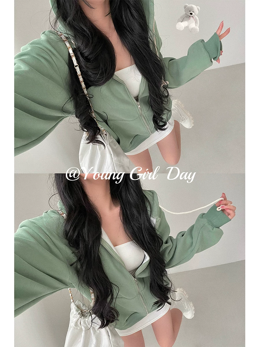 YoungGirlDay Phong cách đường phố châu Âu và Mỹ, áo khoác thể thao có dây kéo, có mũ trùm đầu, lót lông cừu, dày dặn, phong cách thể thao thông thường