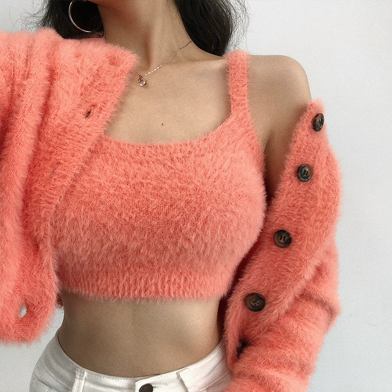 YoungGirlDay Áo cardigan dệt kim ngắn tay dài cổ tròn phong cách Âu Mỹ + áo yếm gợi cảm