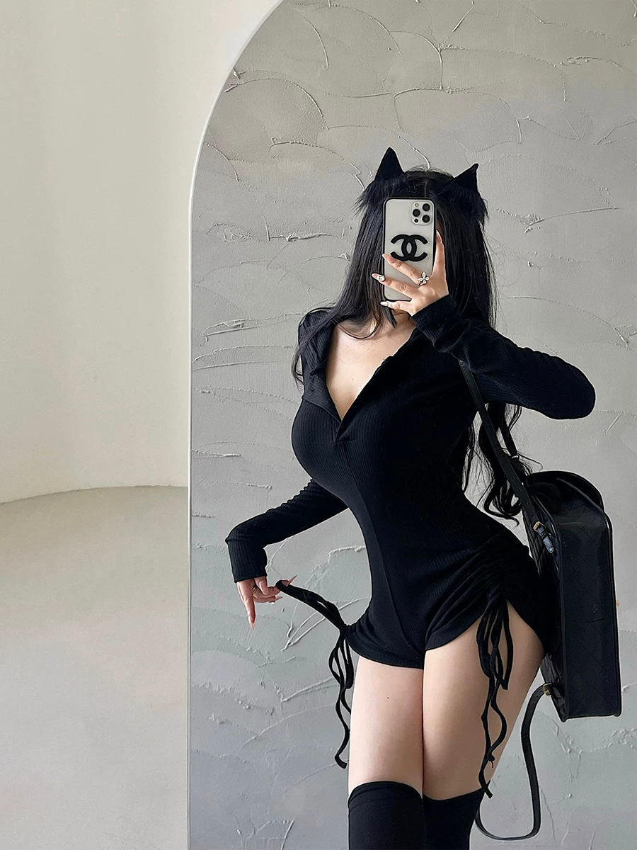 YoungGirlDay Quần short liền thân có dây rút, tay dài, dáng ôm vừa vặn, phong cách châu Âu và Mỹ, hot girl phong cách châu Âu và Mỹ