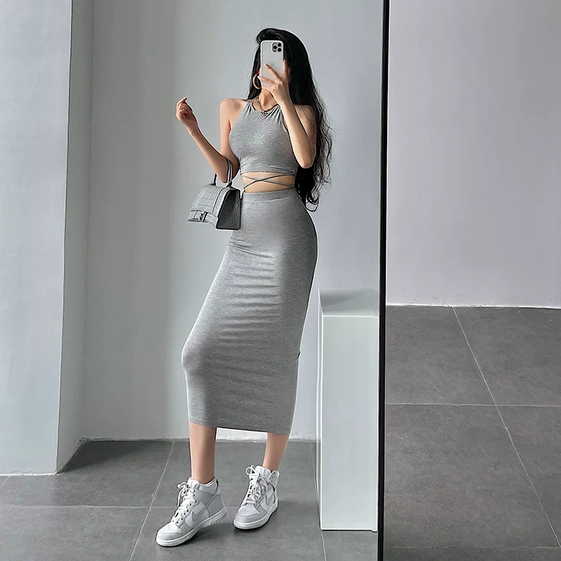 YoungGirlDay Bộ áo ống và váy ôm sát gợi cảm phong cách Âu Mỹ, kiểu dáng ôm sát, hở lưng, dây buộc, dây đeo.