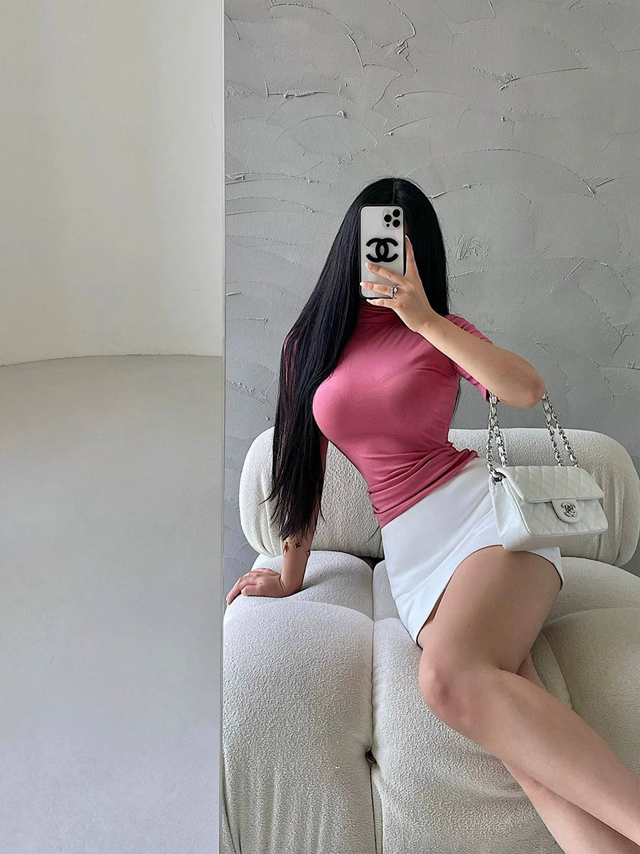 Áo thun ngắn tay đa năng YoungGirlDay Kardashian cổ cao cơ bản, ôm sát, màu trơn, co giãn, đa năng