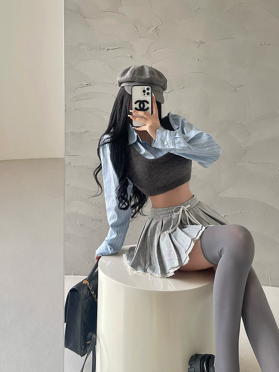 YoungGirlDay phong cách đại học giảm tuổi tác, áo sơ mi dài tay có cổ, bộ áo vest dệt kim ngắn tay ngắn