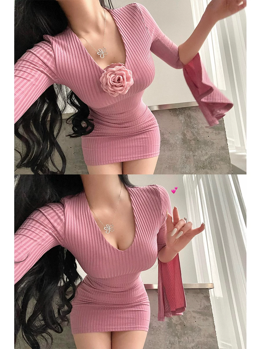 YoungGirlDay Pure Desire Váy ngắn cổ chữ V gợi cảm Slim Fit xẻ tà tay áo có gân Bodycon Váy ngắn.