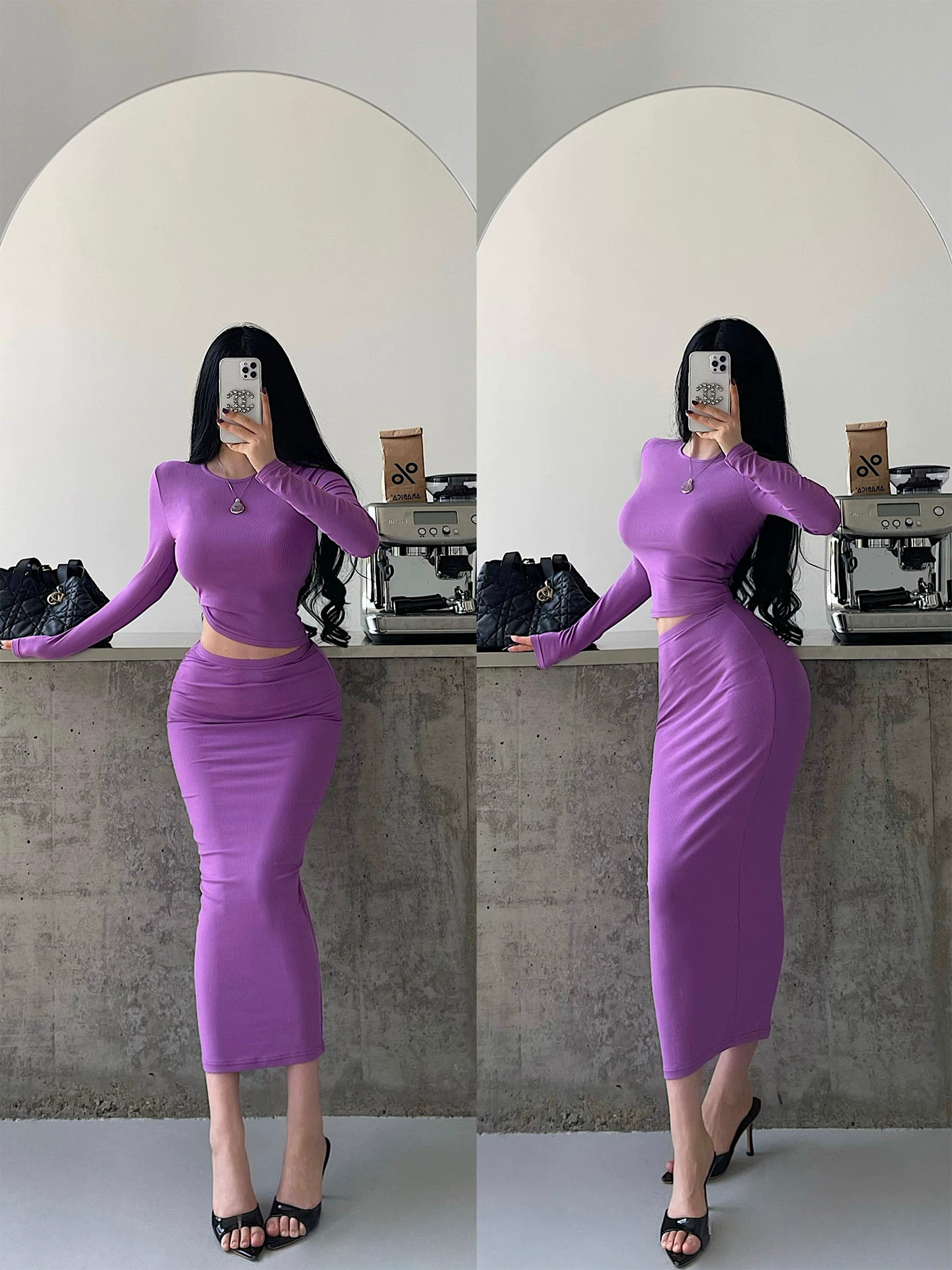 Bộ áo thun dài tay cơ bản YoungGirlDay Kardashian, chân váy ôm hông dài vừa phải, cạp cao